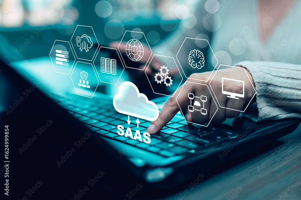 Poster saas software as a service concept, cloud computing software service, data storage on the cloud, cen