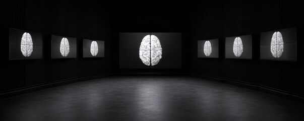 Artificial intelligence brain shown on multiple screens in a dark room. Deep learning technology and neural networks concept for modern design.