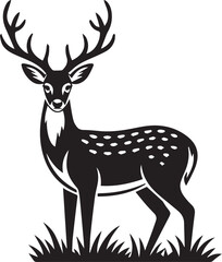 black and white deer silhouette vector with prominent antlers standing in grass nature scene
