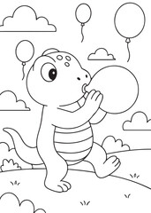 Coloring book lizard holding balloons at a party.