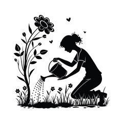 A detailed black and white vector illustration of a woman kneeling on the ground beside a potted plant. 