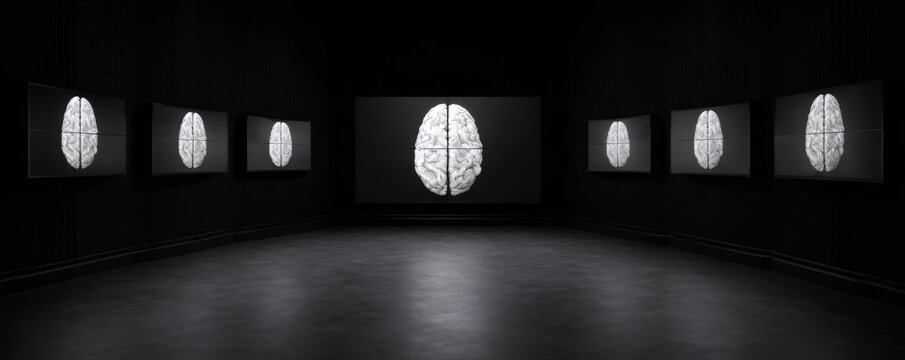 Artificial intelligence brain shown on multiple screens in a dark room. Deep learning technology and neural networks concept for modern design.