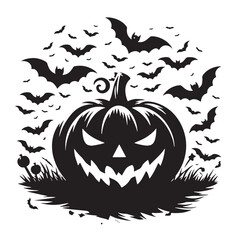  black Halloween pumpkin with bats Silhouette Vector, High Quality Illustration on White Background