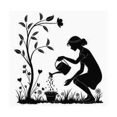 A detailed black and white vector illustration of a woman kneeling on the ground beside a potted plant. 