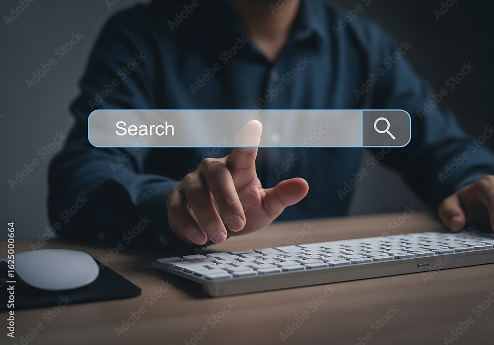 Poster businessman using a virtual search bar on a digital interface with modern technology