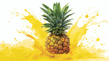 Pineapple surrounded by yellow splash liquid, tropical and vibrant, isolated on transparent background 