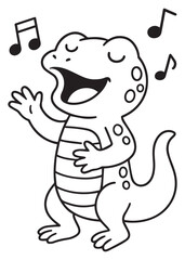 Coloring book lizard singing happily with music notes around.