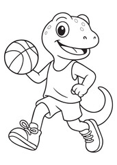 Coloring book lizard playing basketball and smiling.