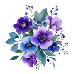Fototapeta premium Elegant Watercolor Floral Bouquet Illustration with Purple and Blue Flowers for Invitations and Art