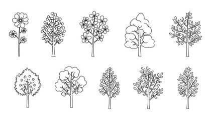 Vector Set of Outlined Trees with Various Styles and Shapes, Perfect for Illustration