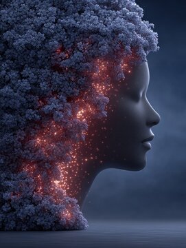 Surreal digital art of an exploding head full of flowers abstract frame philosophical concept in a dreamlike environment