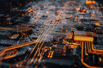 Glowing Orange Light Trails on a Complex Dark Interconnected Circuit Board View