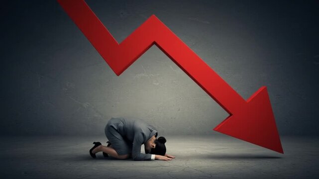 Businesswoman in a gray suit kneeling on the floor, overwhelmed by a large downward arrow symbolizing loss