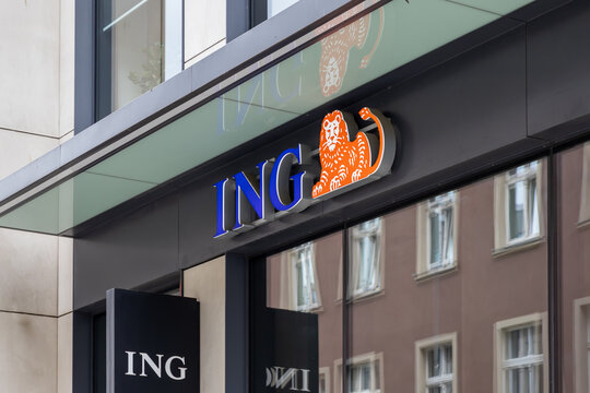 Poznan, Poland - July 24, 2025: ING bank prominent logo and name on a modern building, symbolizing its established global financial services
