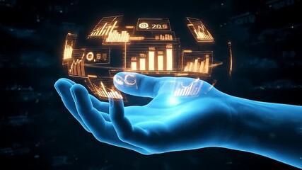 Blue hand holding a digital globe with bar graphs and financial data on a dark background design - Powered by Adobe