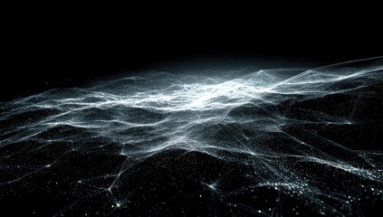 Abstract digital landscape. Light-gray network of interconnected points, resembling terrain, floats against a black background