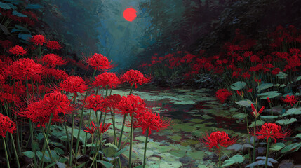Eerie illustration of red spider lilies and a glowing red moon by a pond　赤い月と彼岸花