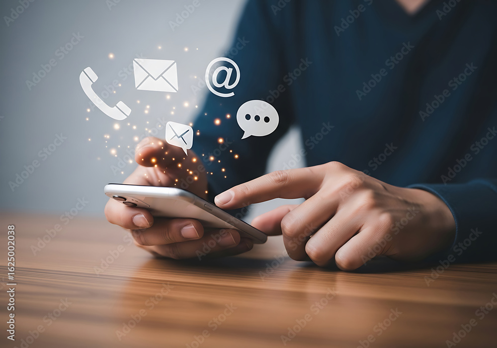 Poster hand using a smartphone with communication icons floating above for contact concept