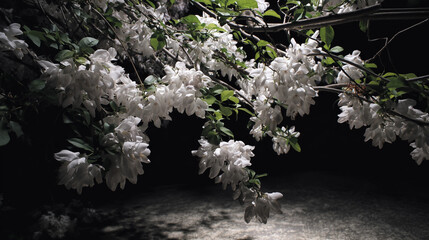 White flowers glowing under a streetlight at night