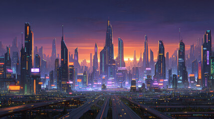 Obraz premium Retrofuturistic Global Supply Chain Pressure, Retrofuturistic city skyline sunset shows global supply chain pressure with glowing skyscraper