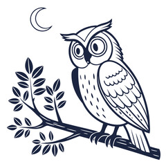 Obraz premium A wide-eyed, cartoon owl with brown feathers sits on a branch, a cute symbol of wild nature