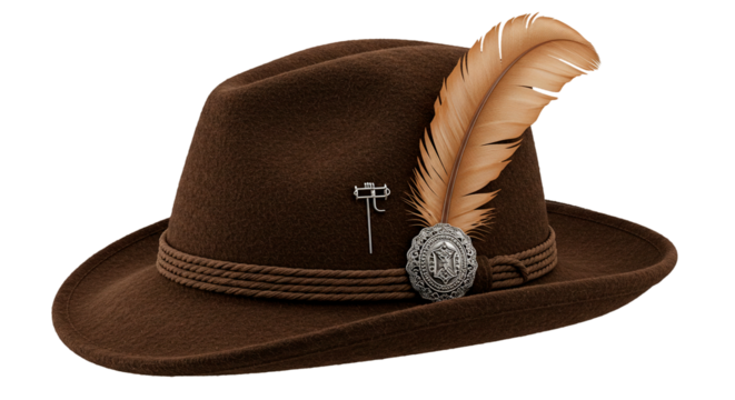 A brown tyrolean hat with feather and decorative elements on a black background in a studio shot on transparent background