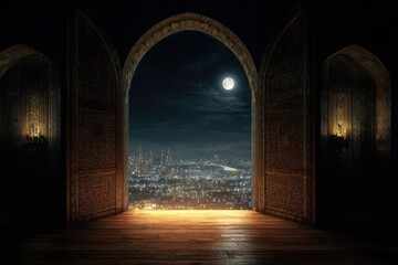 Fototapeta premium Ornate Arches Open to Cityscape and Full Moon View, Wood Flooring, Wall Candle Sconce