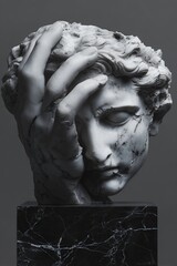 classical marble bust sculpture on black marble base dramatic lighting monochrome art ancient greek roman statue