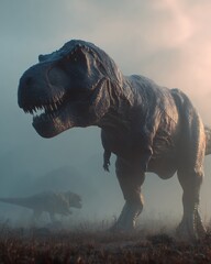 tyrannosaurus rex dinosaur predator in foggy prehistoric landscape jurassic period dramatic lighting