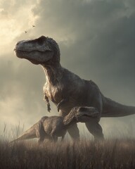 tyrannosaurus rex dinosaur predator hunting in misty grassland digital art illustration jurassic prehistoric
