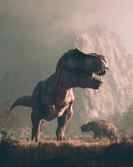 tyrannosaurus rex dinosaur hunting in foggy prehistoric landscape at sunrise