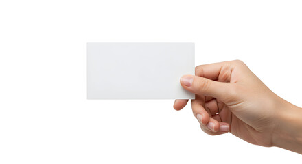 Blank white business card mockup in a female hand isolated on white background perfect for your design presentation and branding projects