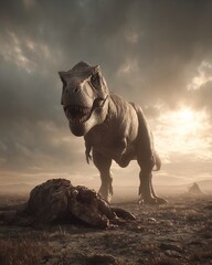 tyrannosaurus rex dinosaur prehistoric creature dramatic stormy sky barren landscape