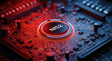 NIS2 Acronym on Illuminated Circuit Board Red Blue