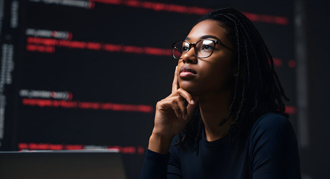 Focused female programmer problem solving coding software development tech solutions digital innovation future technology website design app development creative thinking