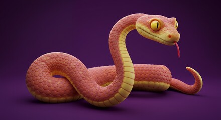 Obraz premium Pink Cartoon Snake with Yellow Eyes on Dark Purple Background