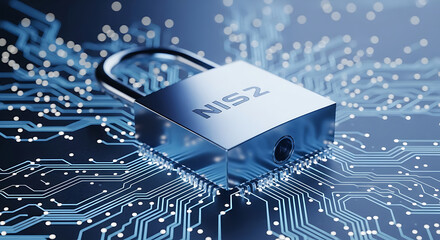 NIS2 Padlock on Blue Circuit Board Technology Security