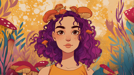 animation of a purple-haired girl covered in mushrooms on a yellow background