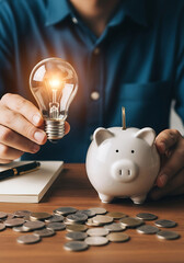 Person holding lightbulb and piggy bank illustrating financial ideas and innovative savings