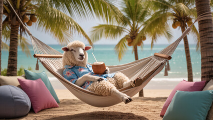 Naklejka premium Sheep Relaxing in Hammock by Ocean