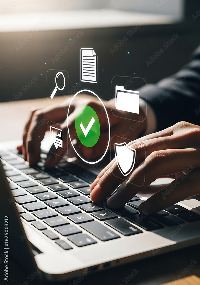 Aufkleber person working on laptop with digital icons representing document security and verification