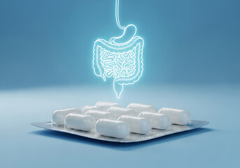 White Pills in Blister Pack Below Glowing Intestine Illustration