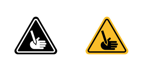 Obraz premium Cutting Hand Straight Blade Warning Sign vector icon. Outlined warning triangle featuring a hand with a straight blade symbol, indicating risk of cutting injury. Safety caution sign isolated