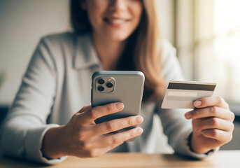 Woman shopping online using a credit card and mobile phone for secure payments
