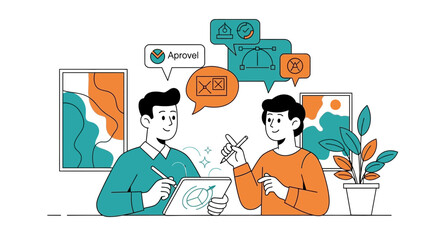 Graphic designer and client collaboration meeting with digital tablet for project approval