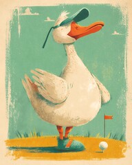 cartoon pelican golf player illustration retro textured vintage style white bird sport funny