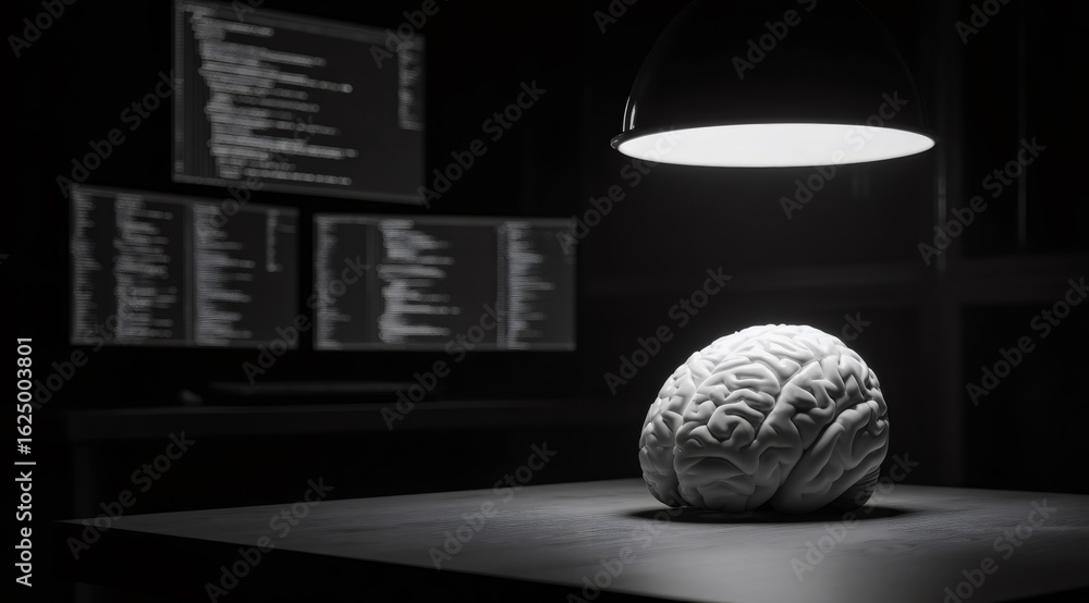 Poster human brain model under spotlight on desk with computer code in background. artificial intelligence 