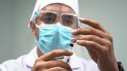 Vaccination Preparation: A healthcare professional, masked and shielded, meticulously prepares a syringe for a vaccination, embodying precision and care. - Powered by Adobe