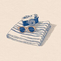 vintage camera sunglasses and striped beach towel illustration hand drawn sketch artistic