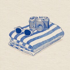 vintage film camera sunglasses and striped beach towel blue ink drawing illustration